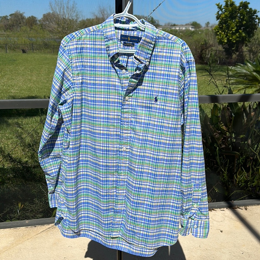 Ralph Lauren Men Sz L Classic Fit Yellow Green Blue Check Button-Down Shirt